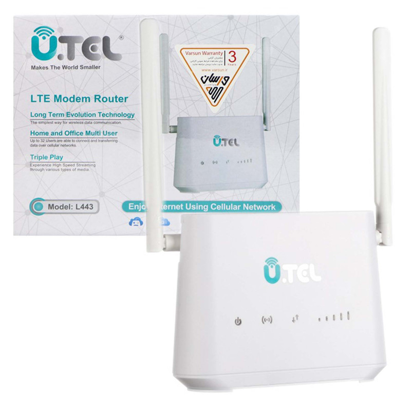 مودم روتر بیسیم 4G LTE خانگی یوتل مدل L443 با پشتیبانی اتصال سیمکارت، سرعت دانلود تا 150 مگابیت بر ثانیه، آپلود 50 مگابیت بر ثانیه، 4 پورت LAN، آنتن 2x2 MIMO و استاندارد بیسیم 802.11b/g/n