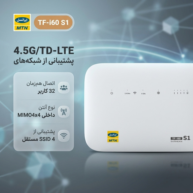 مودم 4G ایرانسل مدل TF-i60 S1 با پشتیبانی شبکههای 4G، 4.5G، TD-LTE و 3G، قابلیت اتصال همزمان 32 کاربر، پشتیبانی از 4 SSID مستقل و آنتن داخلی MIMO4x4