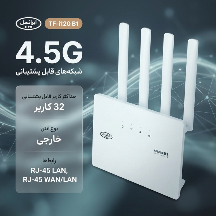 مودم روتر 4G و TD-LTE ایرانسل مدل TF-i120 B1 با پشتیبانی از 32 کاربر، اتصال از طریق سیمکارت و وایفای، آنتن خارجی و درگاههای LAN و WAN/LAN، بههمراه سیمکارت TD