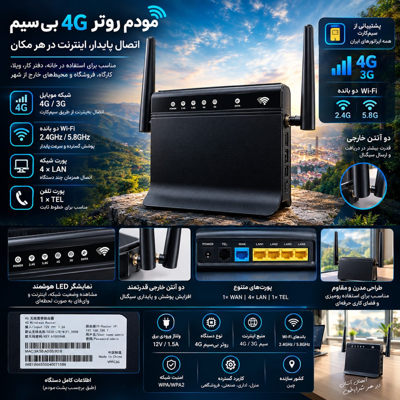 مودم گیمینگ مدل Ypfcg با آنتن خارجی، پشتیبانی از شبکه 4G، درگاه RJ-45 WAN، اتصال کابلی و مناسب تا 35 کاربر