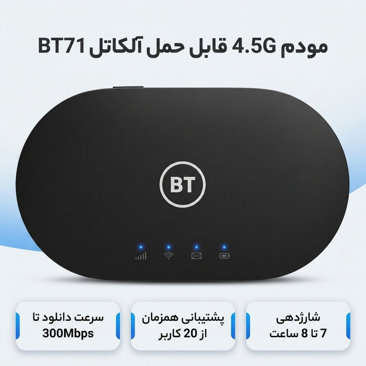 مودم 4.5G قابل حمل آلکاتل مدل BT71 با تکنولوژی Cat6 و Cat7، سرعت دانلود تا 300Mbps، پشتیبانی همزمان از 20 کاربر، وایفای دو بانده 2.4GHz و 5GHz، استاندارد IEEE 802.11b/g/n/ac، باتری با شارژدهی 7 تا 8 ساعت و قابلیت ارسال SMS