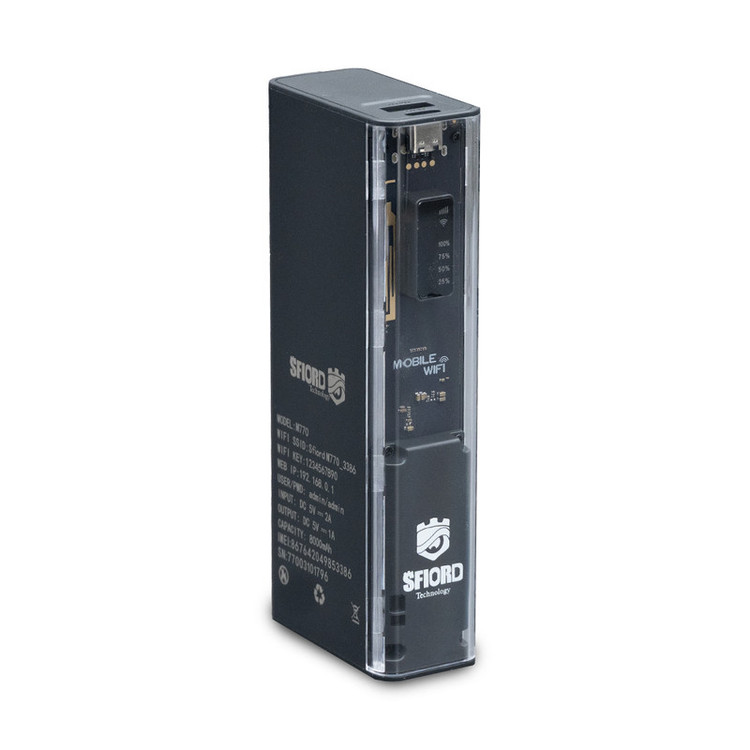 مودم 4G LTE قابل حمل اسفیورد مدل M770 با باتری 8000mAh، پشتیبانی از 10 دستگاه همزمان، سرعت دانلود تا 50Mbps، فایروال داخلی و اتصال وایفای 802.11b/g/n
