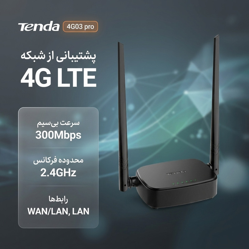 مودم روتر سیمکارتی 4G تندا مدل 4G03 pro با پشتیبانی از شبکه 4G و اتصال بیسیم 2.4 گیگاهرتز با سرعت 300 مگابیت بر ثانیه، دارای درگاههای WAN/LAN و LAN