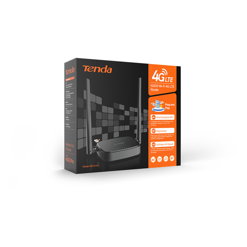 مودم روتر سیمکارتی 4G تندا مدل 4G03 pro با پشتیبانی از شبکه 4G و اتصال بیسیم 2.4 گیگاهرتز با سرعت 300 مگابیت بر ثانیه، دارای درگاههای WAN/LAN و LAN