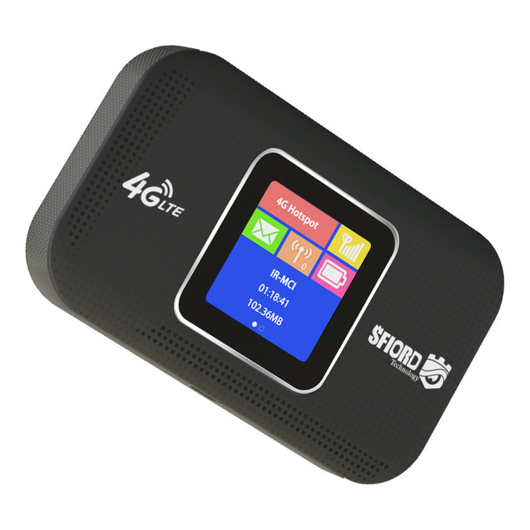 مودم 4G LTE قابل حمل اسفیورد مدل M750 با باتری 3000 میلیآمپرساعت، پشتیبانی از 10 کاربر همزمان، نمایشگر رنگی دیجیتال، اتصال بیسیم WIFI 802.11b/g/n و سرعت دانلود تا 150 مگابیت بر ثانیه