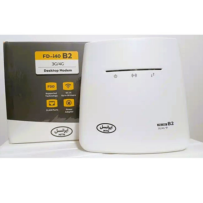 مودم رومیزی سیمکارت خور 3G/4G ایرانسل مدل FD-i40 B2 با پشتیبانی همزمان چند دستگاه، اتصال اینترنت پرسرعت 4G، منبع تغذیه برق شهری و پورت USB، مناسب استفاده خانگی، اداری و گیمینگ