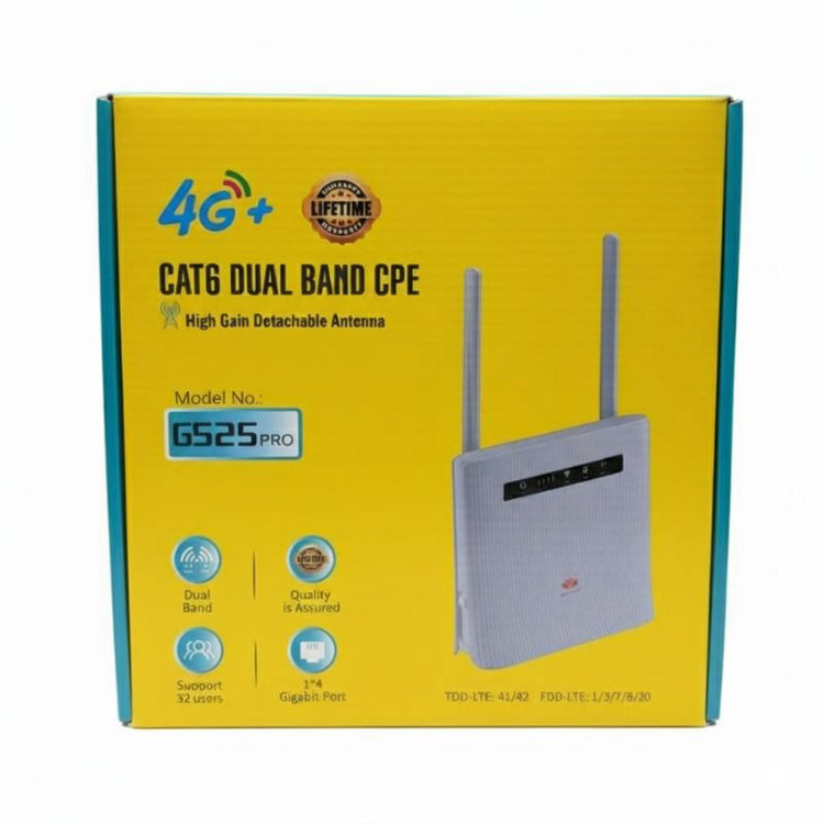 مودم سیمکارتی 4G دو آنتنه On-Link مدل g525PRO با پشتیبانی از فناوری TD-LTE و 4.5G، قابلیت اتصال همزمان 32 کاربر، وایفای دو بانده 2.4 و 5 گیگاهرتز، پورت LAN با پشتیبانی از کابل CAT6 و امنیت WPA/WPA2