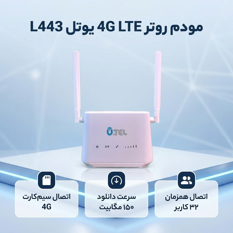 مودم روتر 4G LTE یوتل مدل U.Tel L443 با پشتیبانی اتصال سیمکارت، سرعت دانلود تا 150 مگابیت، آپلود تا 50 مگابیت، 4 پورت LAN، وایفای 802.11b/g/n در فرکانس 2.4 گیگاهرتز و قابلیت اتصال همزمان تا 32 کاربر
