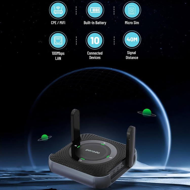 مودم روتر قابل حمل پرودو مدل PD-4GCPME-BKGY با پشتیبانی 4G LTE، باتری 4000 میلیآمپرساعتی با شارژدهی 12 ساعت، اتصال همزمان تا 10 دستگاه، پورت LAN و فرکانس 2.4 گیگاهرتز