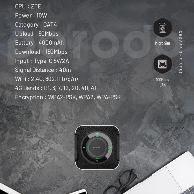 مودم روتر قابل حمل پرودو مدل PD-4GCPME-BKGY با پشتیبانی 4G LTE، باتری 4000 میلیآمپرساعتی با شارژدهی 12 ساعت، اتصال همزمان تا 10 دستگاه، پورت LAN و فرکانس 2.4 گیگاهرتز