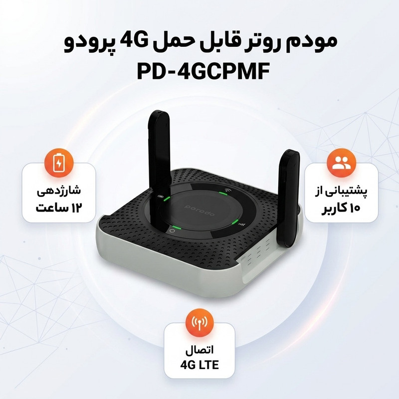 مودم روتر قابل حمل 4G پرودو مدل PD-4GCPMF با باتری 4000 میلیآمپر، شارژدهی 12 ساعت، پشتیبانی تا 10 کاربر، پورت LAN، اتصال سیمی و بیسیم، فرکانس 2.4 گیگاهرتز و سرعت دانلود 150 مگابیت بر ثانیه