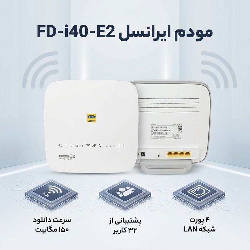 مودم 3G/4G ایرانسل مدل FD-i40-E2 با سرعت 150 مگابیت دانلود و 50 مگابیت آپلود، پشتیبانی همزمان 32 کاربر، اتصال بیسیم و باسیم، 4 پورت LAN و کلید WPS برای اتصال امن و سریع