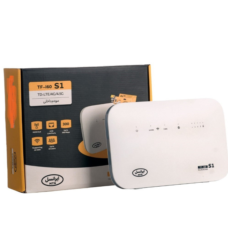 مودم 4G قابل حمل ایرانسل مدل TF-i60 S1 با پشتیبانی TD-LTE و 4.5G، حداکثر سرعت دانلود 300 مگابیت، اتصال همزمان 32 کاربر، وایفای AC دو بانده 2.4 و 5 گیگاهرتز و 4 پورت LAN