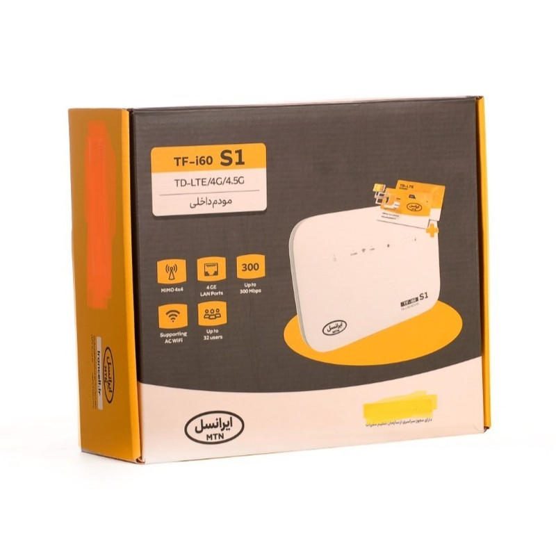 مودم 4G قابل حمل ایرانسل مدل TF-i60 S1 با پشتیبانی TD-LTE و 4.5G، حداکثر سرعت دانلود 300 مگابیت، اتصال همزمان 32 کاربر، وایفای AC دو بانده 2.4 و 5 گیگاهرتز و 4 پورت LAN