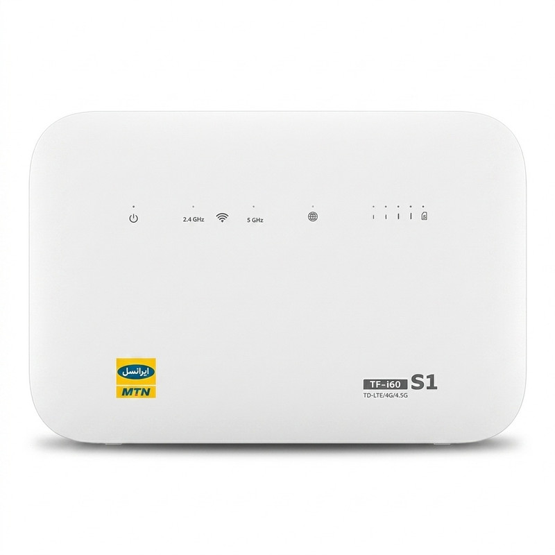 مودم 4G/TD-LTE ایرانسل مدل TF-i60 S1 با پشتیبانی هم‌زمان از 32 کاربر، چهار پورت LAN، 4 SSID مستقل، سرعت دانلود 300Mbps، اینترنت پرسرعت ثابت و همراه با سیم کارت 50 گیگابایت یک‌ماهه