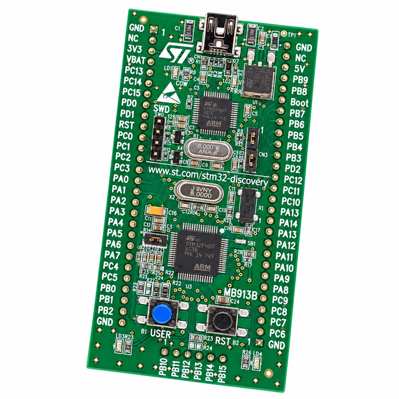 برد دیسکاوری اس تی مدل STM32VLDISCOVERY با پردازنده سری STM32F1 مدل STM32F100RB با حافظه Flash با ظرفیت 128 کیلوبایت با رم SRAM با ظرفیت 8 کیلوبایت