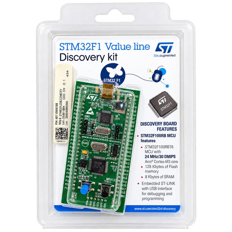 برد دیسکاوری اس تی مدل STM32VLDISCOVERY با پردازنده سری STM32F1 مدل STM32F100RB با حافظه Flash با ظرفیت 128 کیلوبایت با رم SRAM با ظرفیت 8 کیلوبایت