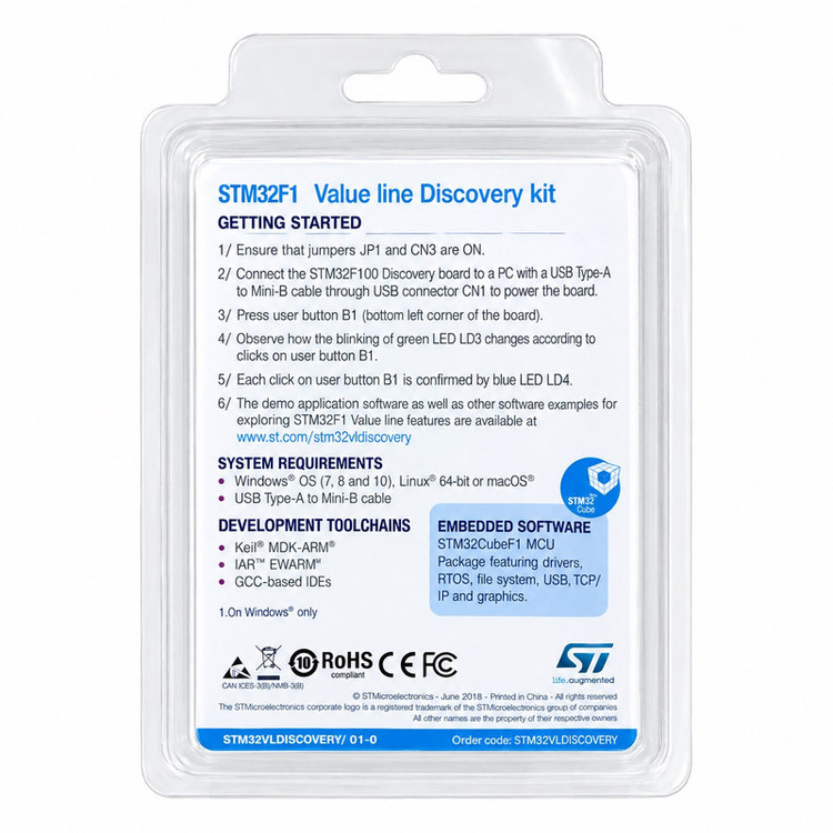 برد دیسکاوری اس تی مدل STM32VLDISCOVERY با پردازنده سری STM32F1 مدل STM32F100RB با حافظه Flash با ظرفیت 128 کیلوبایت با رم SRAM با ظرفیت 8 کیلوبایت