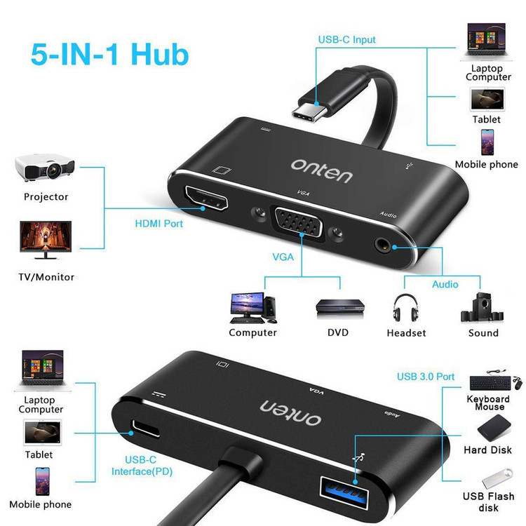 مبدل USB-C به HDMI/VGA/AUX/USB3.0 اونتن مدل OTN-9573S