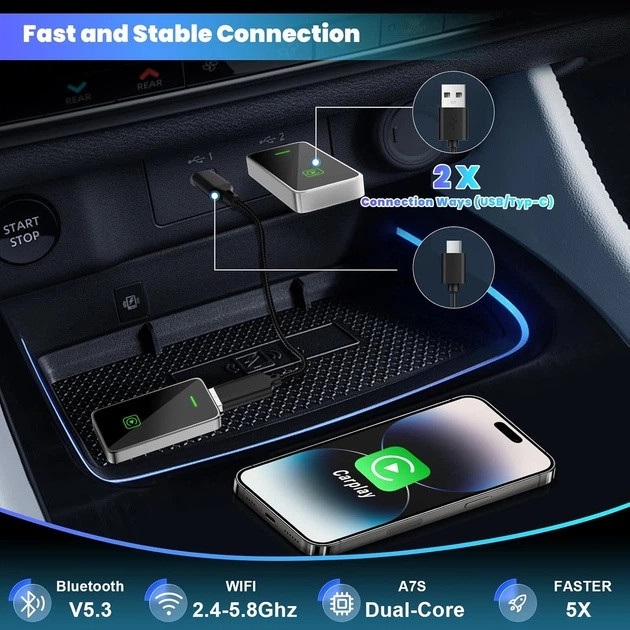 کارپلی و اندروید اتو مدل Wireless P7794 Carplay/Android Auto به همراه مبدل USB به USB-C