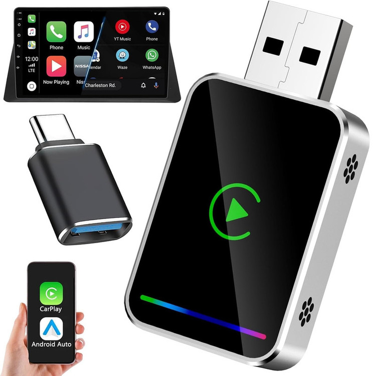 کارپلی و اندروید اتو مدل Wireless CarPlay/Android Auto Q1JS به همراه مبدل USB به USB-C