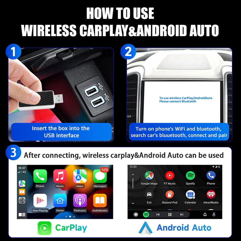 کارپلی و اندروید اتو مدل Wireless P9593 Carplay/Android Auto به همراه مبدل USB به USB-C