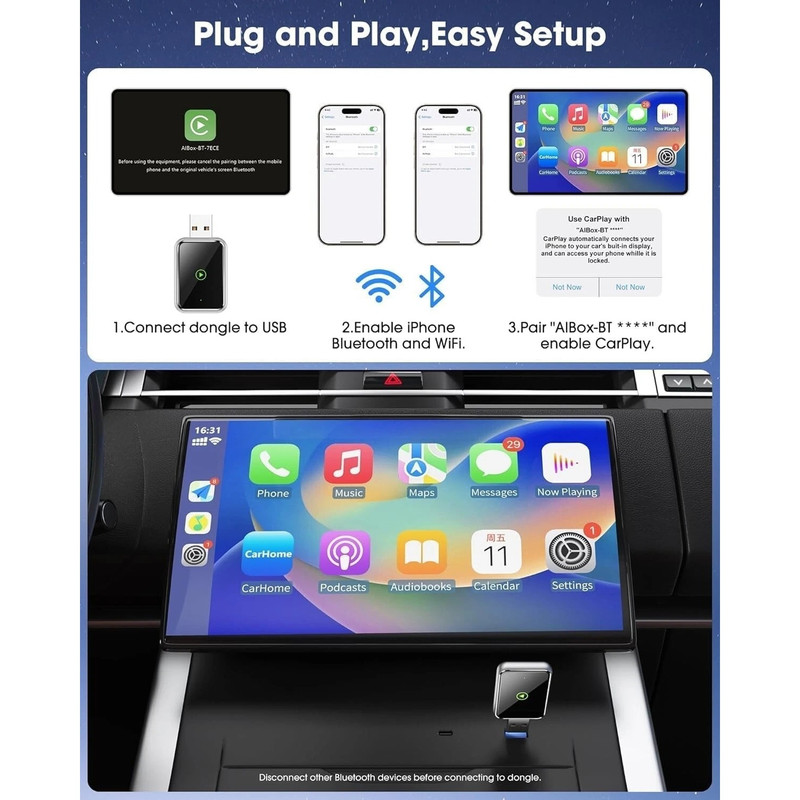 کارپلی و اندروید اتو مدل Wireless CarPlay/Android Auto Q1J به همراه مبدل USB به USB-C