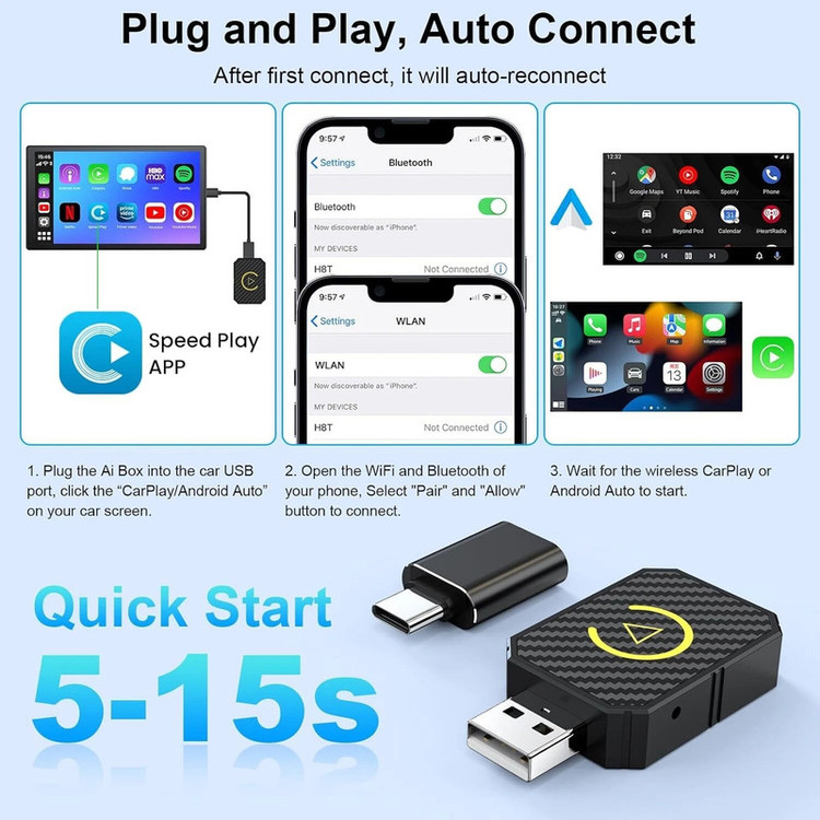 کارپلی و اندروید اتو مدل Wireless CarPlay/Android Auto Q1M به همراه مبدل USB به USB-C