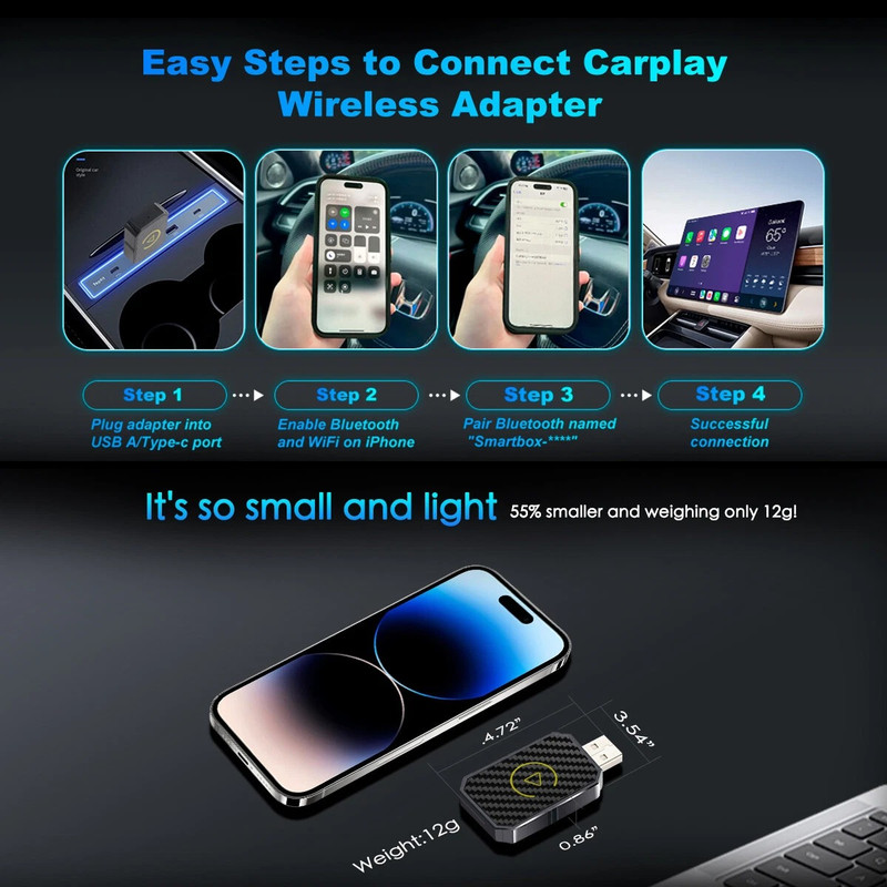 کارپلی و اندروید اتو مدل Wireless CarPlay/Android Auto Q1M به همراه مبدل USB به USB-C