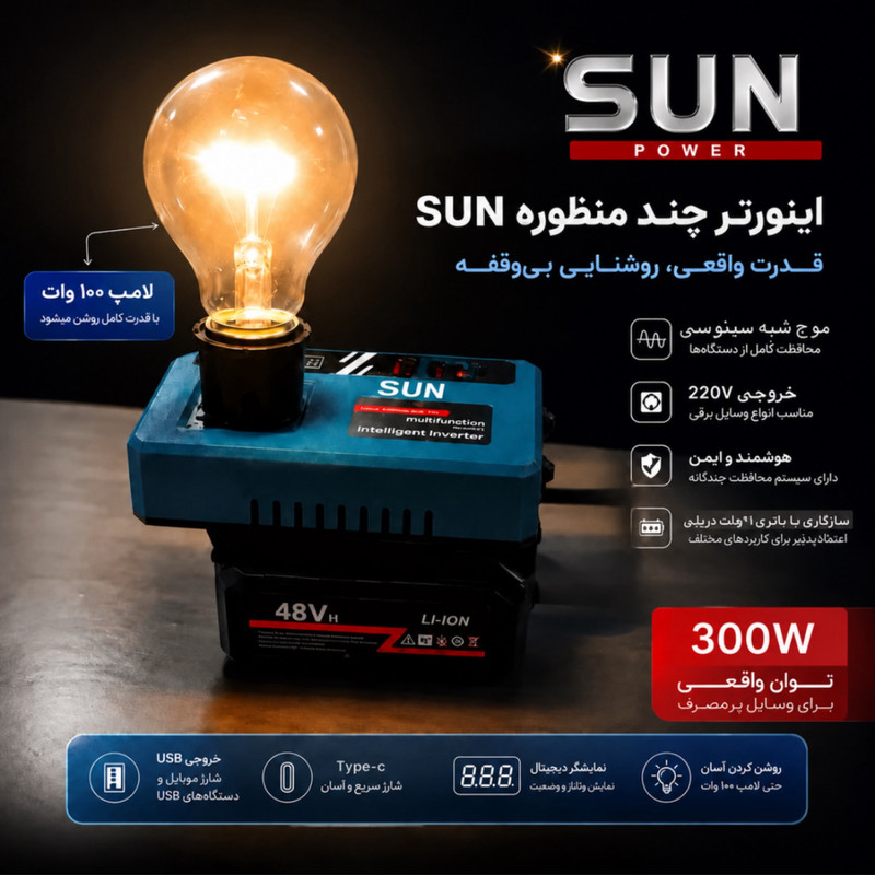 اینورتر تک فاز شارژی سان مدل 21V-TO-220V ظرفیت 150 وات