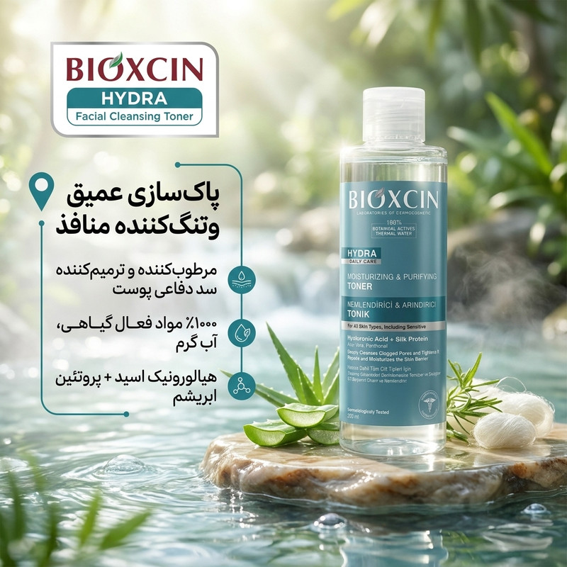 تونر پاککننده صورت بیوکسین مدل HYDRA مناسب انواع پوست حجم 200 میلیلیتر