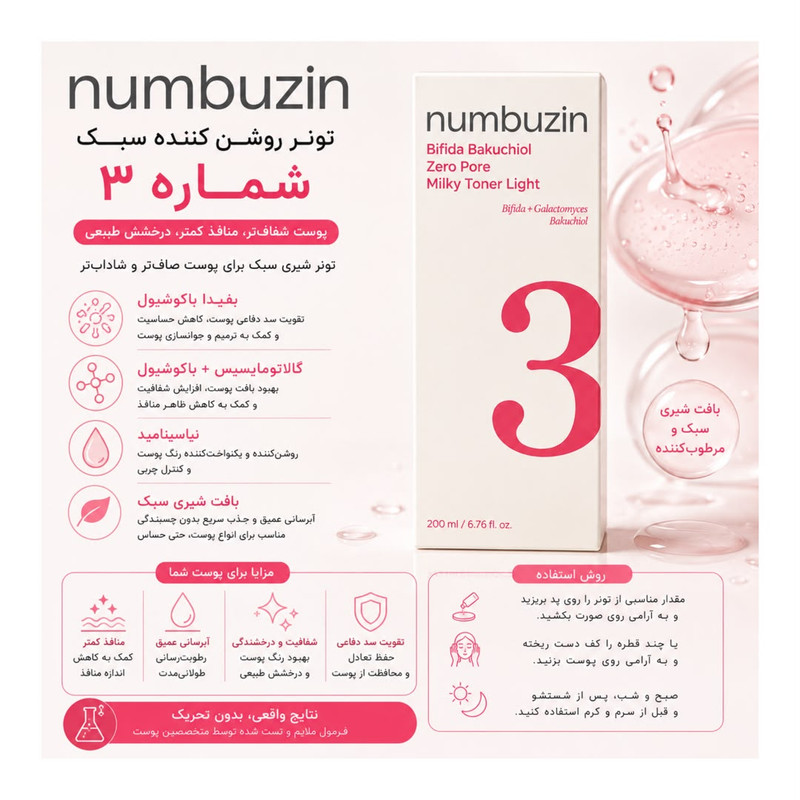 تونر پاککننده صورت نومبوزین مدل Zero Pore +3 مناسب پوست نرمال و چرب حجم 200 میلیلیتر