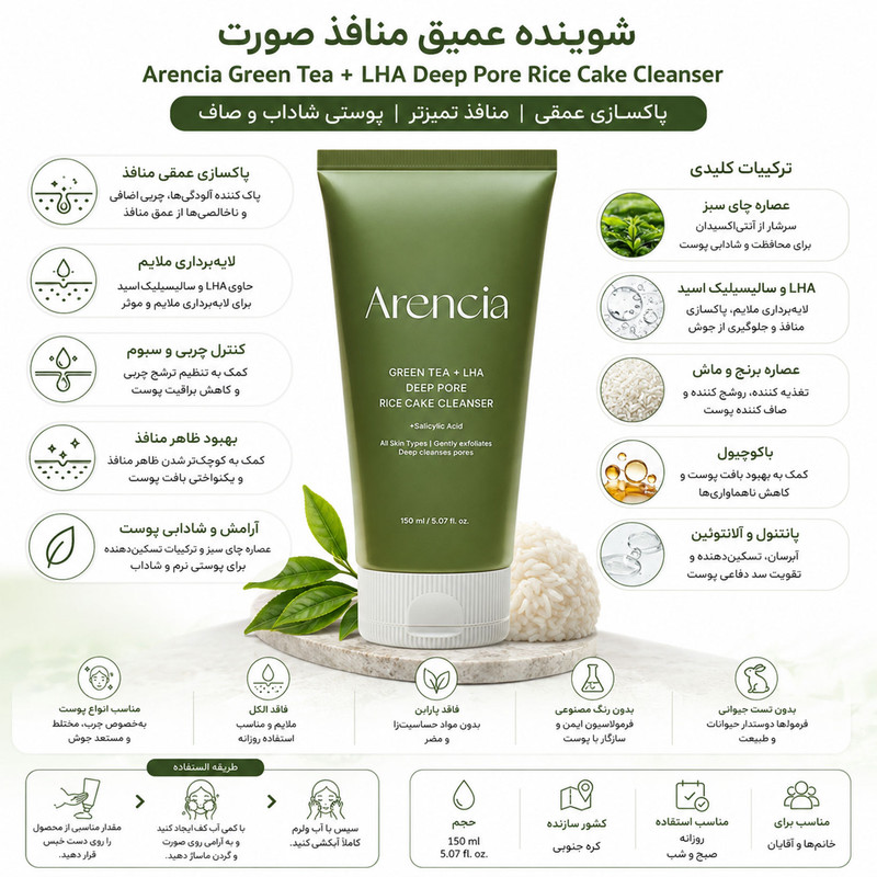 ژل پاککننده صورت آرنچیا مدل Green Tea + LHA Deep Pore Rice Cake حجم 150 میلیلیتر، با قدرت پاککنندگی مناسب روزانه و تنظیم ترشح چربی پوست