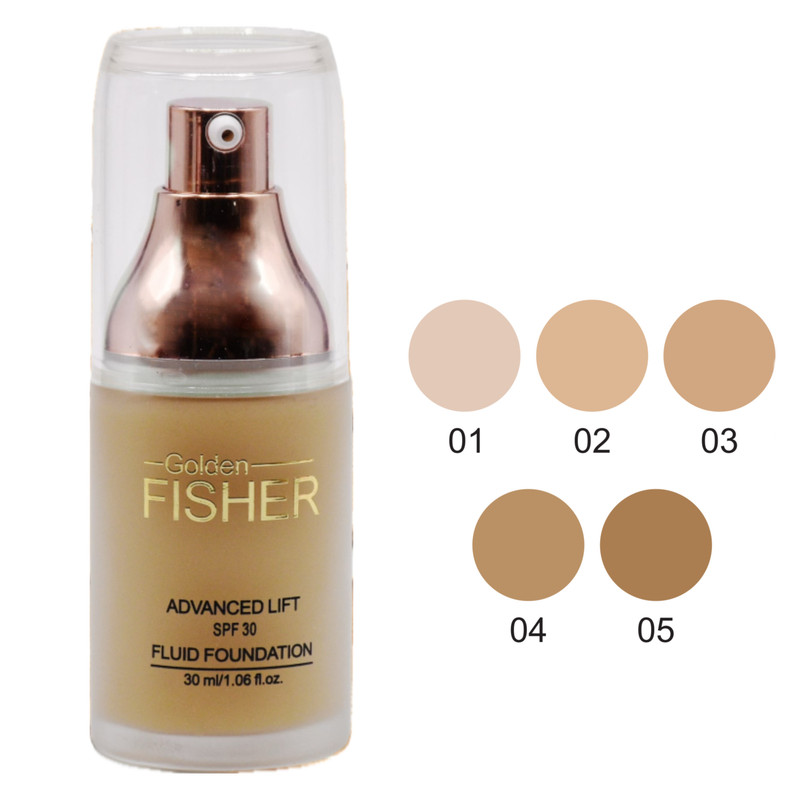 کرم پودر مایع SPF 30 گلدن فیشر مدل Fluid foundation شماره F02 مناسب برای انواع پوست حجم 30 میلی لیتر
