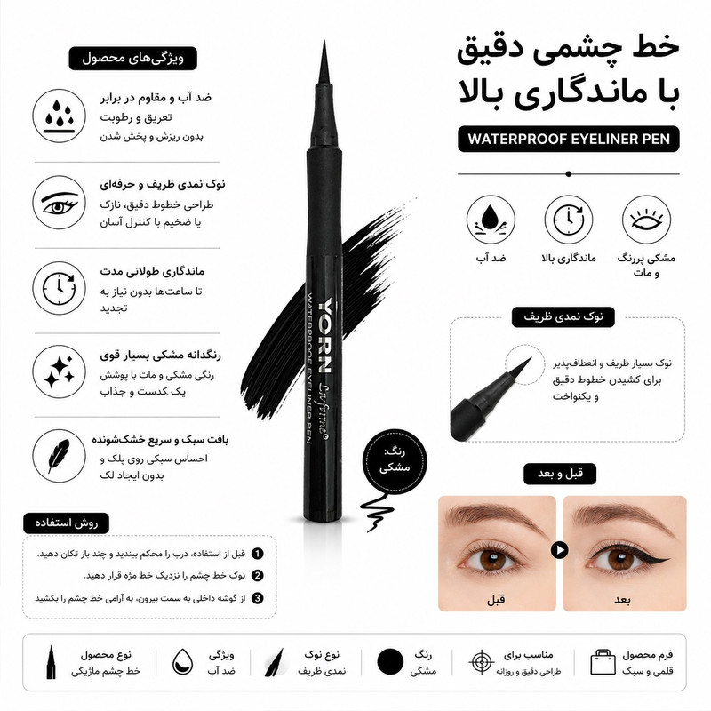 خط چشم ماژیکی یورن مدل Waterproof حجم 1 میلیلیتر، با جلوه مات و ماندگاری بالا، رنگ مشکی