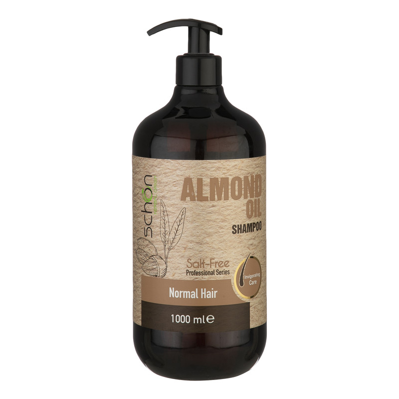 شامپو تقویت کننده مو شون مدل Almond Salt-Free حجم 1000 میلیلیتر، نرمکننده، مرطوبکننده، حاوی روغن آلموند و ویتامین E، مناسب موهای معمولی و بزرگسالان