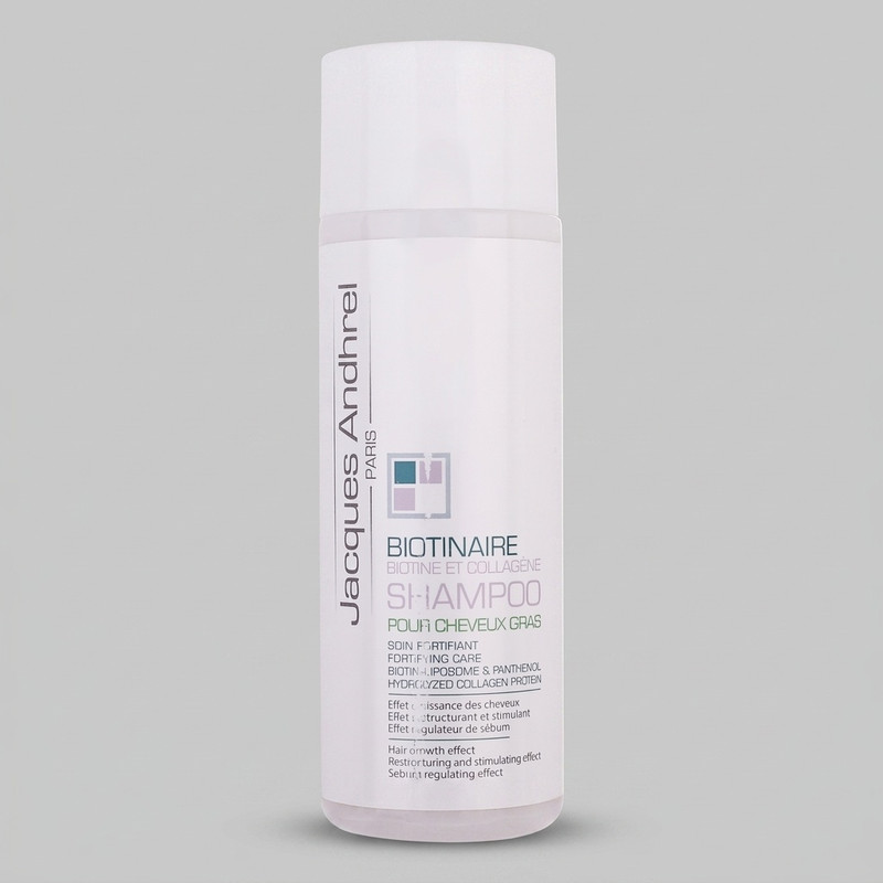 شامپو تقویت کننده مو ژاک آندرل پاریس مدل biotinaire حجم 200 میلیلیتر، ضد ریزش، نرمکننده، مغذی، مرطوبکننده، مناسب موهای چرب، حاوی کمپلکس پرودی اکتیف و عصارههای گیاهی