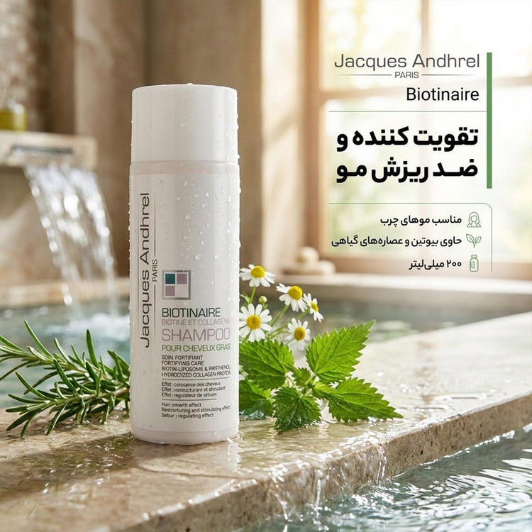 شامپو تقویت کننده مو ژاک آندرل پاریس مدل biotinaire حجم 200 میلیلیتر، ضد ریزش، نرمکننده، مغذی، مرطوبکننده، مناسب موهای چرب، حاوی کمپلکس پرودی اکتیف و عصارههای گیاهی