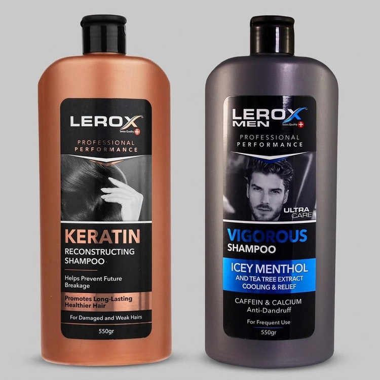 شامپو مو لروکس مدل کراتین حاوی کراتین هیدرولیز شده مناسب موهای شکننده و آسیب دیده، تقویتکننده و افزایش استحکام مو به همراه شامپو مو مردانه لروکس مدل Icey Menthol ضد شوره و تقویتکننده ریشه حجم 550 میلیلیتر هر کدام