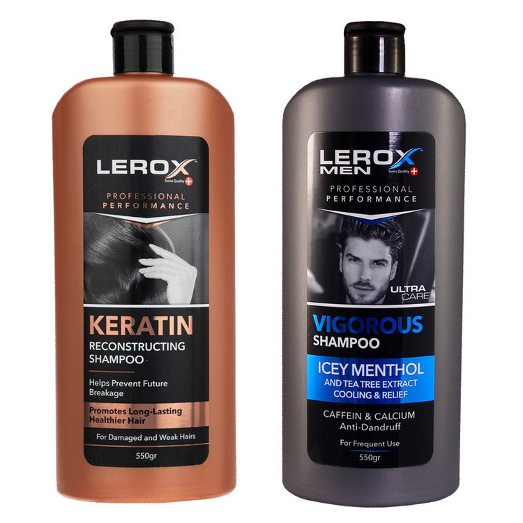 شامپو مو لروکس مدل کراتین حاوی کراتین هیدرولیز شده مناسب موهای شکننده و آسیب دیده، تقویتکننده و افزایش استحکام مو به همراه شامپو مو مردانه لروکس مدل Icey Menthol ضد شوره و تقویتکننده ریشه حجم 550 میلیلیتر هر کدام
