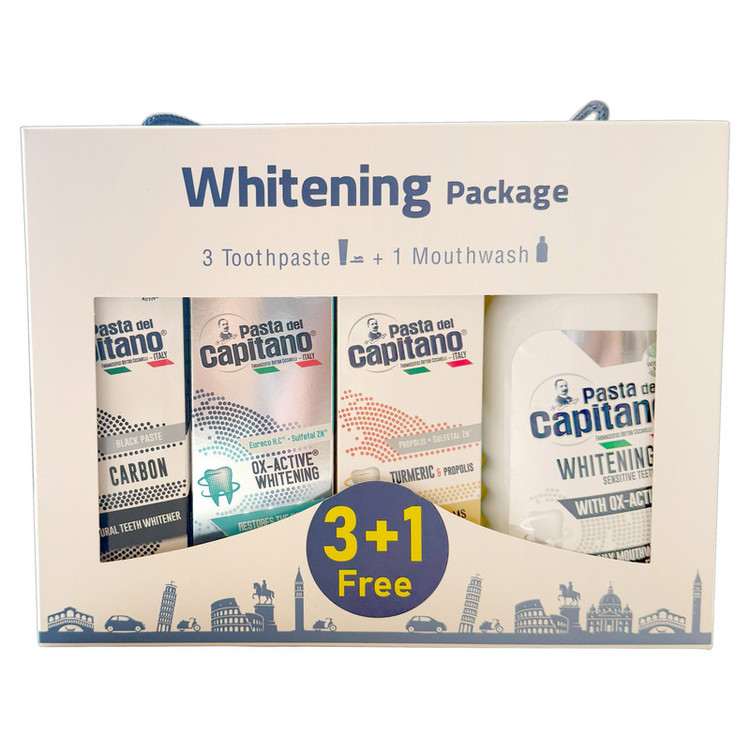 پک خمیر دندان و دهانشویه پاستا دل کاپیتانو مدل Whitening مجموعه 4 عددی