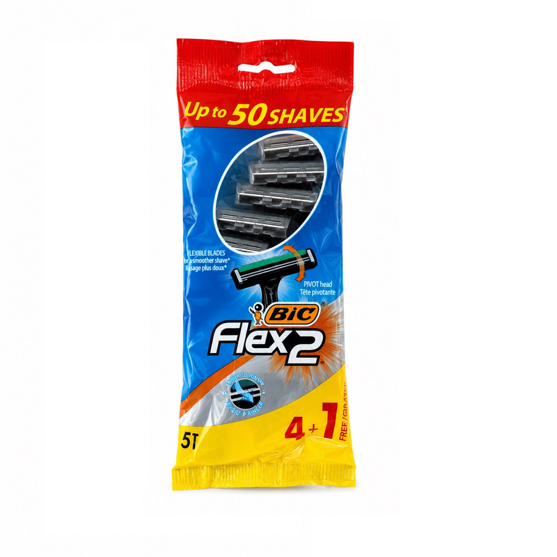 تیغ خودتراش ۲ لبه بیک مدل Flex 2 با دو تیغه انعطافپذیر و سری چرخشی، دسته ضدلغزش، ساختهشده از استیل ضد زنگ، پنج عددی